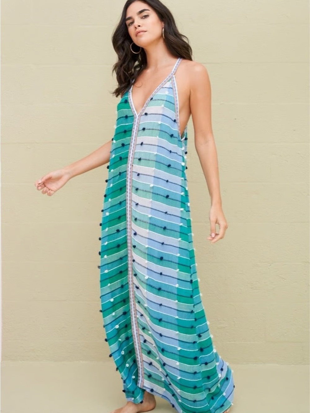 Pitusa Teal & Aqua Striped V-Neck Maxi Dress